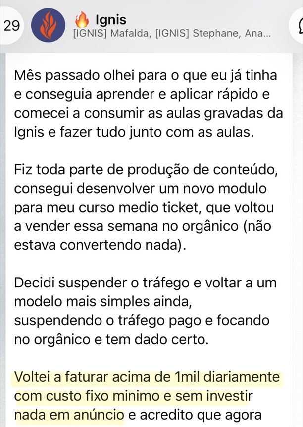 Print de mensagem da Camila contando que voltou a faturar acima de mil reais por dia, com custo fixo mínimo e sem investir em anúncio