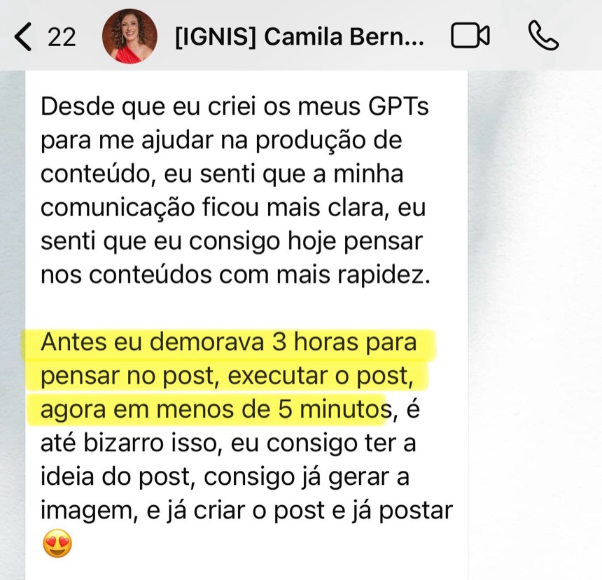 Print de mensagem da Camila contando que passou de três horas para menos de cinco minutos por post