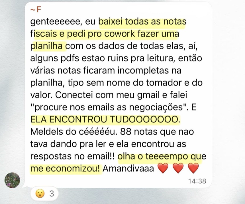Print de mensagem da Fafá contando que conectou o Gmail e o Claude encontrou nos e-mails os dados que faltavam em 88 notas fiscais