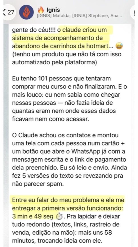 Print de mensagem da Flávia contando o sistema de recuperação de carrinho que o Claude montou