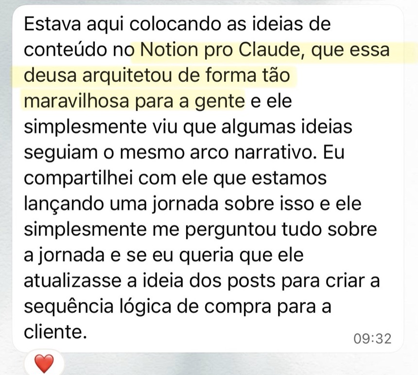 Print de mensagem da Nicolle contando o que o Claude fez com as ideias de conteúdo dela no Notion